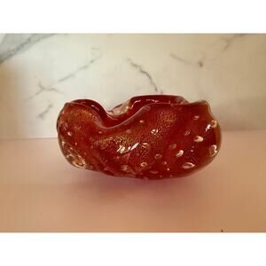 MCM VTG Murano Bullicante Controlled Bubble Red Rolled Edge Bowl w/ Gold Dusting